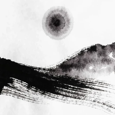 山と月の墨絵